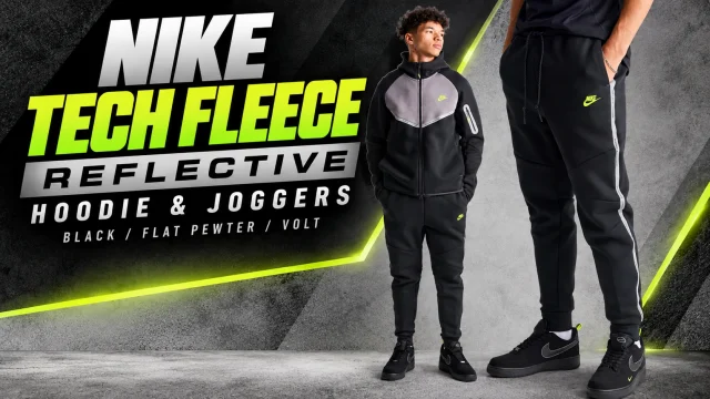 Nike Tech Fleece Reflective Windrunner Hoodie and Joggers in Black/Flat Pewter/Volt, featuring a matching outfit with reflective details and Volt accents.