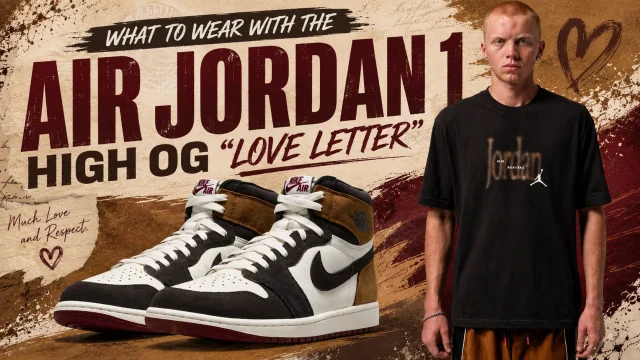 Air Jordan 1 High OG "Love Letter" sneakers alongside a model wearing a matching Jordan T-shirt with editorial title graphic.