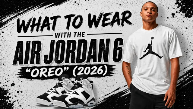 Air Jordan 6 “Oreo” sneakers with a model wearing a white Jordan T-shirt and black pants.